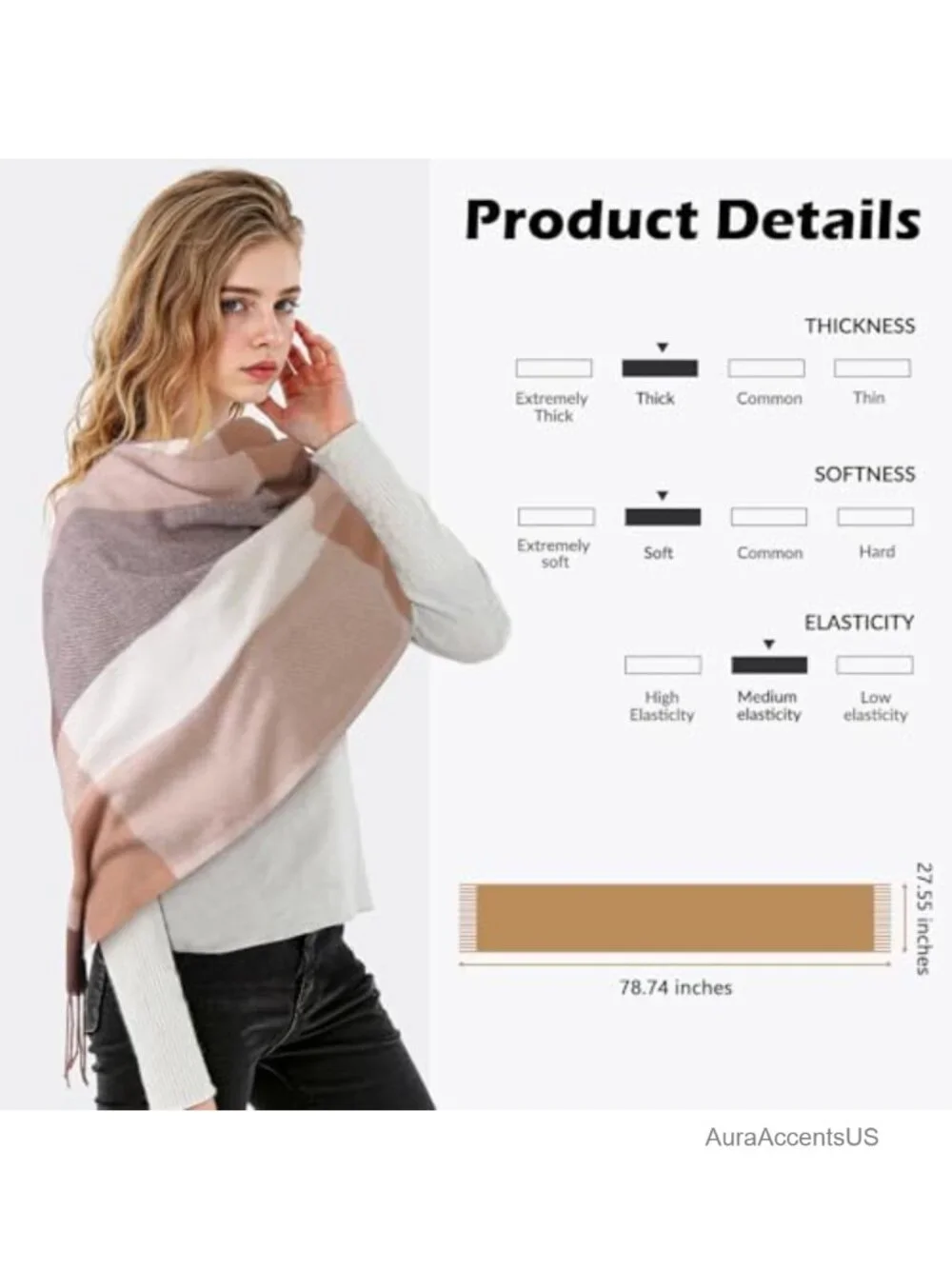 Winter Scarf for Women Cashmere Feel Long Oversized Plaid Fringe